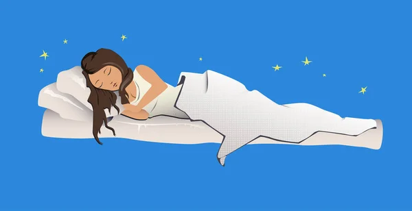 Young sleeping girl. Woman sleeping on white bed sheet and pillow. Vector Illustration isolated on blue. — Stock Vector