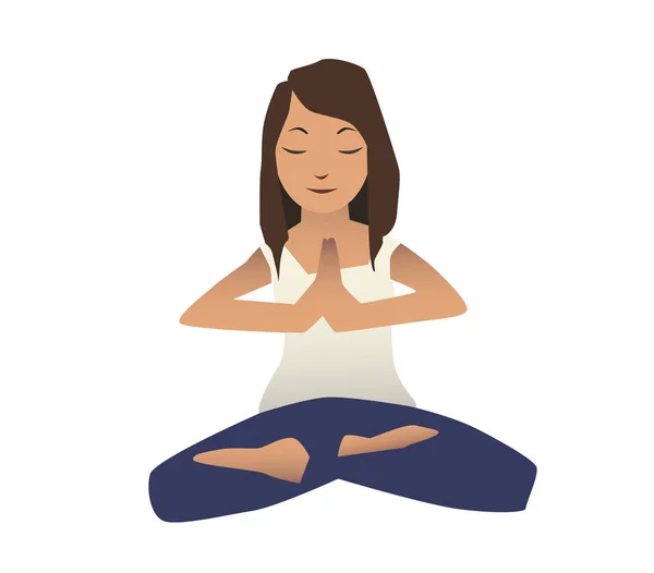 Mujer joven practica yoga, sentada en la posición de Loto. Meditación. Estilo de vida activo y actividades deportivas a temprana edad. Ilustración vectorial aislada sobre fondo blanco . — Vector de stock