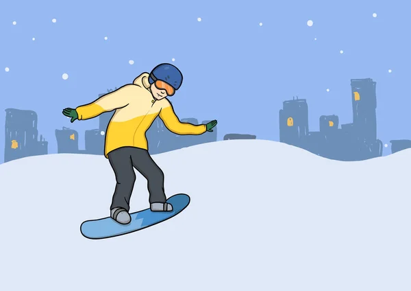 En ung man med snowboard i rörelse. Snowboard, extrem vintersport, aktiv fritid. Vektorillustration, isolerad på vit. — Stock vektor
