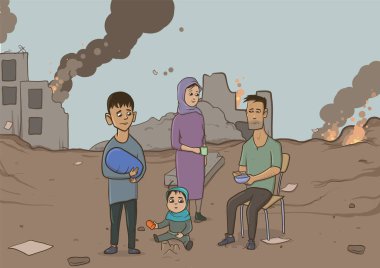 Harabe şehrin mülteci ailesinin içinde belgili tanımlık geçmiş. Vektör çizim.