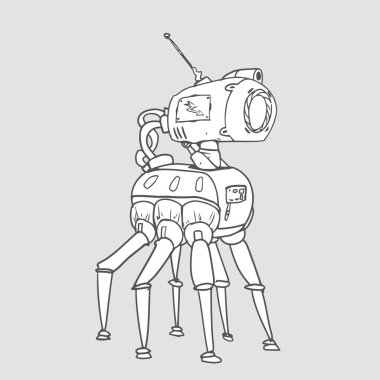 Altı ayaklı biyonik robot kafasında bir kamera ile. Beyaz arka plan üzerinde izole vektör çizim.