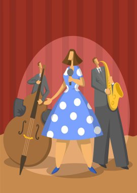 Caz müzik üçlüsü. Contrabassist, müzisyen ve şarkıcı. Soyut vektör çizim.
