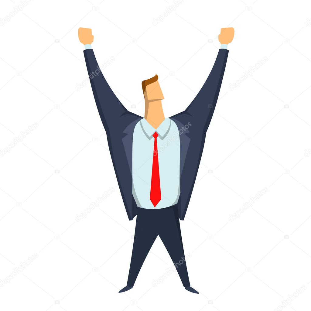 Businessman with hands raised, a gesture of success and victory. Happy man. Vector illustration isolated on white background.