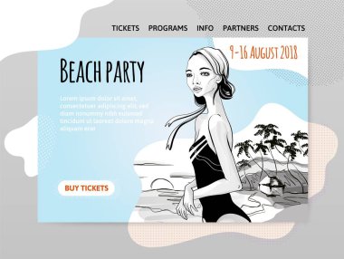 Beach party, girl in swimsuit on the beach. Vector illutration, design template of site header, banner or poster. clipart
