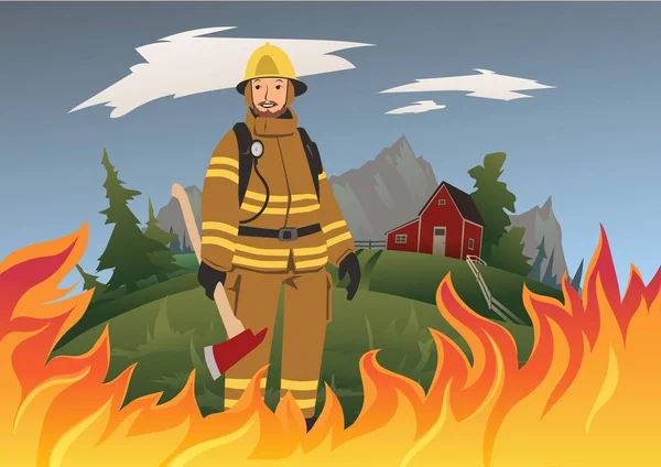Hasič s ax stojící uprostřed ohně. Vektorové ilustrace. — Stockový vektor