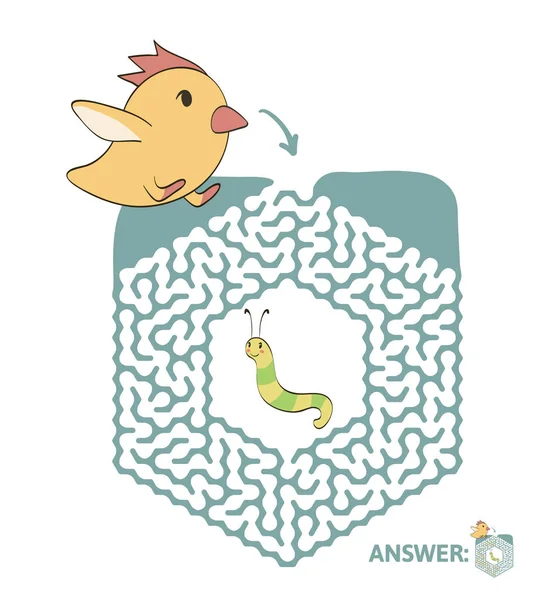 Childrens labyrint med kyckling och mask. Pusselspel för barn, vektor labyrint illustration. — Stock vektor