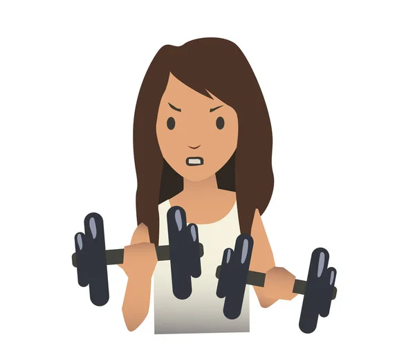 Girl is training with heavy dumbbells. Vector illustration, isolated on white. — Stock Vector