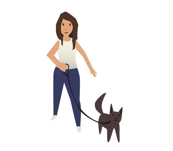 Gadis berjalan dengan anjing, vektor ilustrasi terisolasi di latar belakang putih . - Stok Vektor