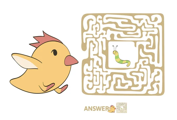 Childrens maze with chicken and worm. Puzzle game for kids, vector labyrinth illustration. — Stock Vector