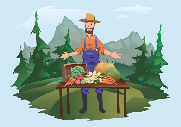 Çiftçilere piyasa, köy adil. Çiftlikte yetiştirilen sebzeler bir tezgahın arkasında duran bir adam. İzole vektör çizim. — Stok Vektör