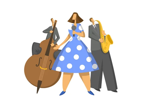 Trio muzyki jazzowej. Contrabassist, saksofonisty i piosenkarza. Streszczenie wektor ilustracja. — Wektor stockowy