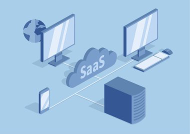 Concept of SaaS, software as a service. Cloud software on computers, mobile devices, codes, app server and database. Vector isometric illustration isolated on blue background. clipart