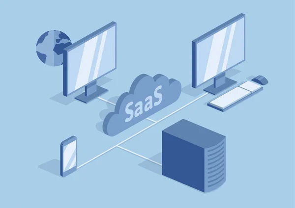 Begreppet Saas, programvara som en tjänst. Molnbaserad programvara på datorer, mobila enheter, koder, app-servern och databasen. Isometrisk vektorillustration isolerad på blå bakgrund. — Stock vektor