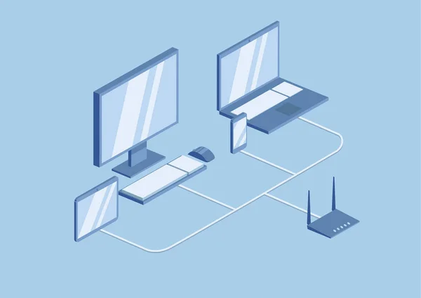 Wifi ルータ技術のローカル ネットワークです。デスクトップ、ノート パソコンやモバイル端末、ルーターを使用してネットワークに接続されます。等尺性ベクトル図では、青に分離. — ストックベクタ