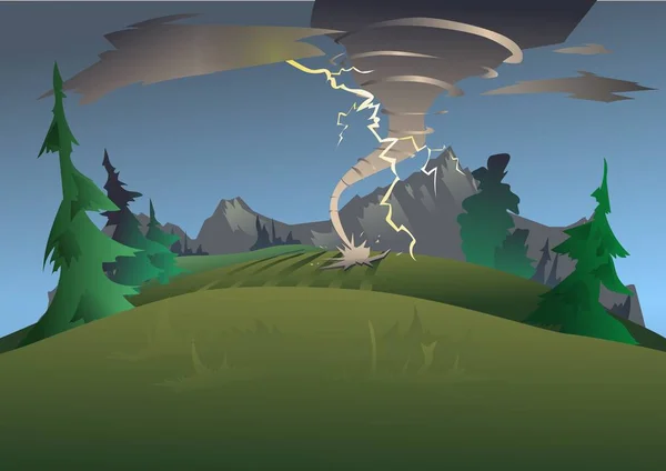 Mountain landscape in bad weather. Tornado, hurricane and lightning. Vector illustration.