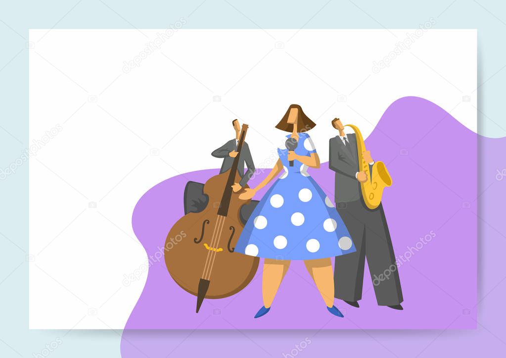 Jazz music festival, trio performs at the concert. Vector illutration, design template of music site, header, banner or poster.
