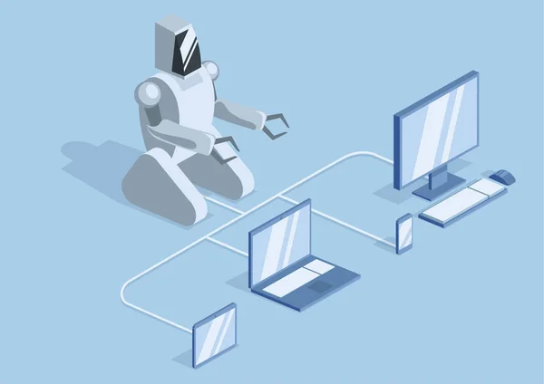 Sebuah robot dihubungkan oleh kabel ke komputer, laptop dan gadget mobile. Robotika, pemrograman dan pelatihan robot. Vektor ilustrasi, terisolasi pada biru . - Stok Vektor