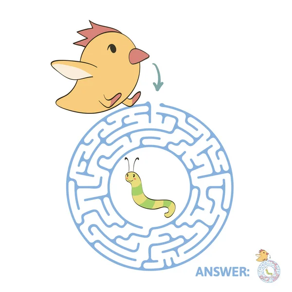 Laberinto de niños con pollo y gusano. Puzzle juego para niños, ilustración de laberinto vectorial . — Vector de stock