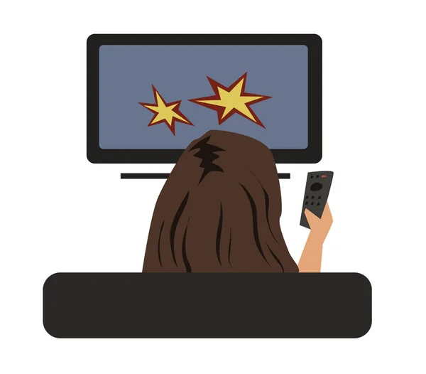 Mujer viendo TV con control remoto en la mano, vista desde atrás. Ilustración vectorial, aislada en blanco . — Archivo Imágenes Vectoriales