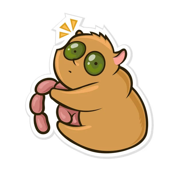 Sticker for messenger with funny animal. Hungry hamster eating sausages. Vector illustration isolated on white background. — Stock Vector