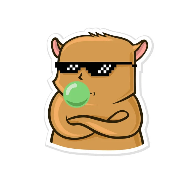 Sticker voor messenger met grappige dier. Kalm hamster in zonnebril opgeblazen gom. Vectorillustratie geïsoleerd op witte achtergrond. — Stockvector