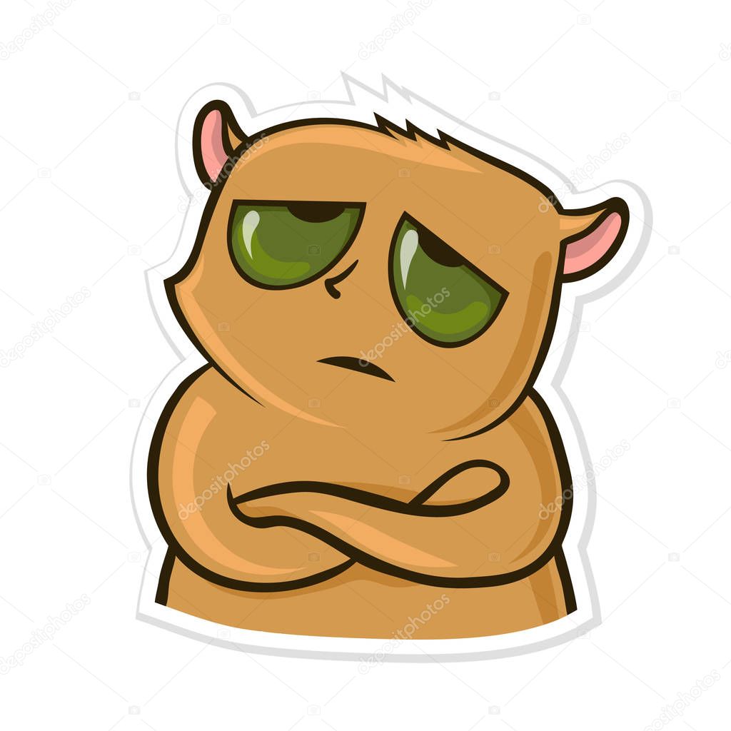 Sticker for messenger with funny animal. Tired or upset hamster. Vector illustration, isolated on white.