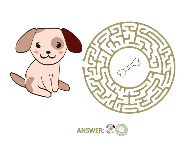 Laberinto de niños con perro y hueso. Puzzle juego para niños, ilustración de laberinto vectorial . — Vector de stock