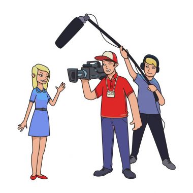 Tv raporu, Haberler çekim. Bir kadın muhabir, kameraman ve ses mühendisi. Beyaz arka plan üzerinde izole karikatür vektör çizim.