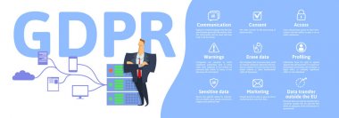 Gdpr konsept illüstrasyon. Genel veri koruma Yönetmeliği. Kişisel verilerin korunması. Sunucu ve güvenlik görevlisi. Vektör, beyaz izole.