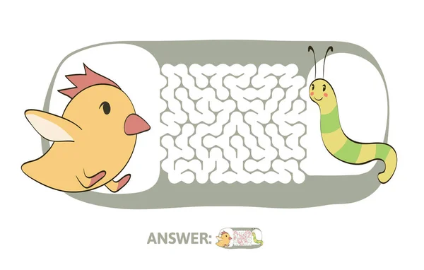 Детский лабиринт с курицей и червяком. Игра-головоломка для детей, векторная иллюстрация лабиринта . — стоковый вектор