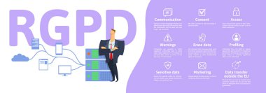Gdpr Rgpd, İspanyolca ve İtalyanca sürümü sürümü: Regolamento generale sulla protezione dei dati. Kavram vektör çizim. Genel veri koruma Yönetmeliği. Kişisel verilerin korunması.