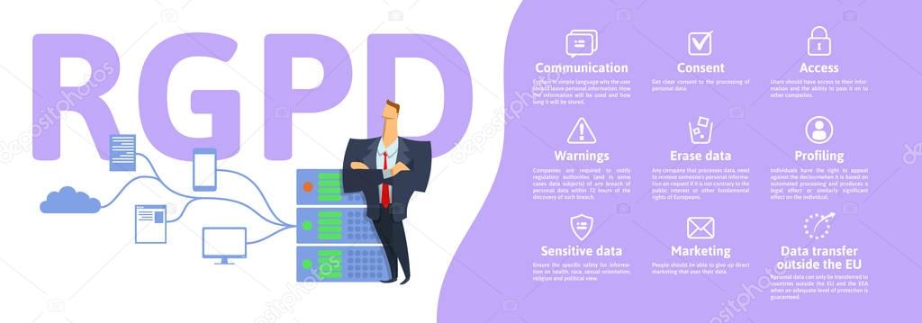 RGPD, Spanish and Italian version version of GDPR: Regolamento generale sulla protezione dei dati. Concept vector illustration. General Data Protection Regulation. Protection of personal data.
