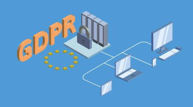 Gdpr kavramı izometrik çizimde. Genel veri koruma Yönetmeliği. Kişisel verilerin korunması. Vektör, üzerinde mavi arka plan izole.