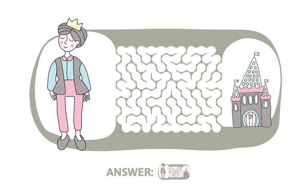 Childrens labyrint med prinsen och sagolika slott. Pusselspel för barn, vektor labyrint illustration. — Stock vektor