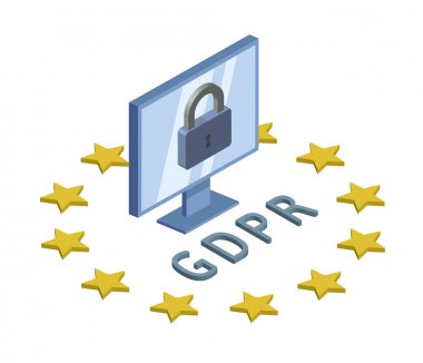 Gdpr, kavram izometrik çizimde. Genel veri koruma Yönetmeliği. Kişisel verilerin korunması. Bilgisayar monitörü ve kilit. Vektör logosu, üzerinde beyaz izole.
