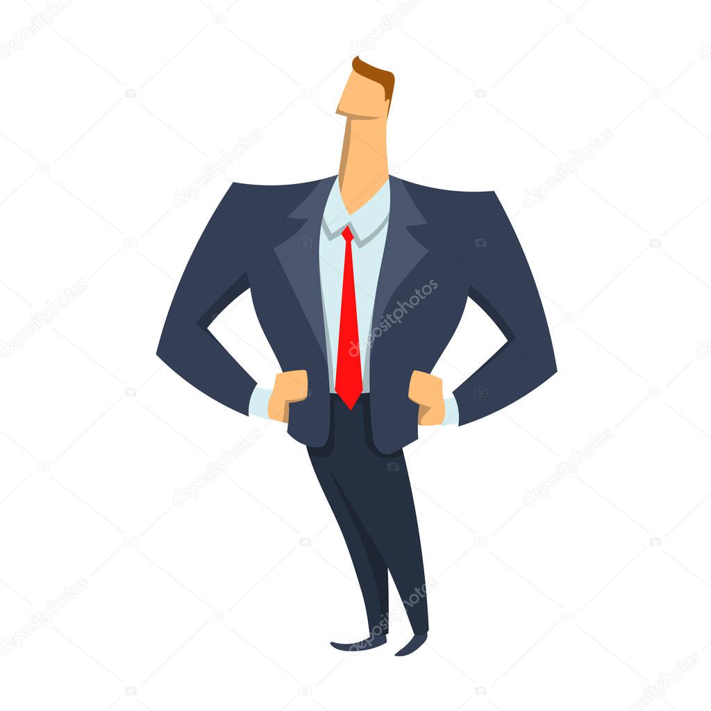 Young businessman standing with hands on hips. Vector illustration, isolated on white background.
