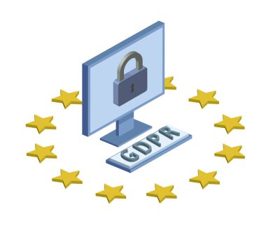 Gdpr, kavram izometrik çizimde. Genel veri koruma Yönetmeliği. Kişisel verilerin korunması. Bilgisayar monitörü ve kilit. Vektör logosu, üzerinde beyaz izole.