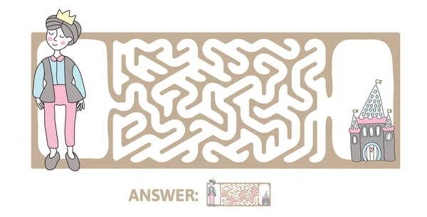 Labirinto de crianças com príncipe e castelo de conto de fadas. Jogo de puzzle para crianças, ilustração do labirinto vetorial . — Vetor de Stock