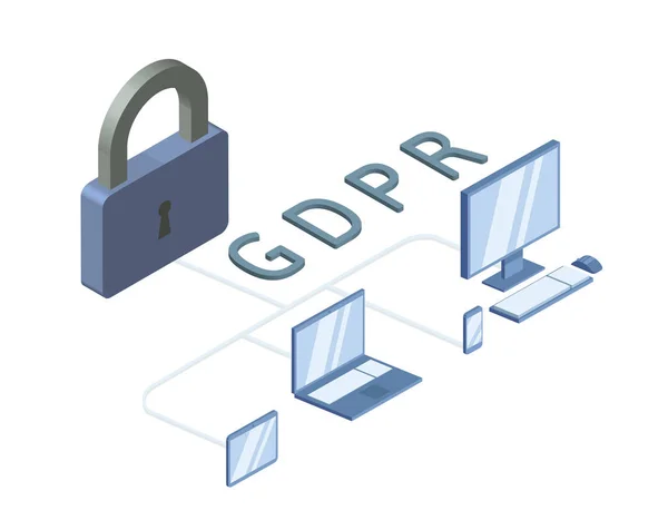 Gdpr 概念等距图。一般数据保护条例。个人资料的保护。矢量, 在白色背景下隔离. — 图库矢量图片