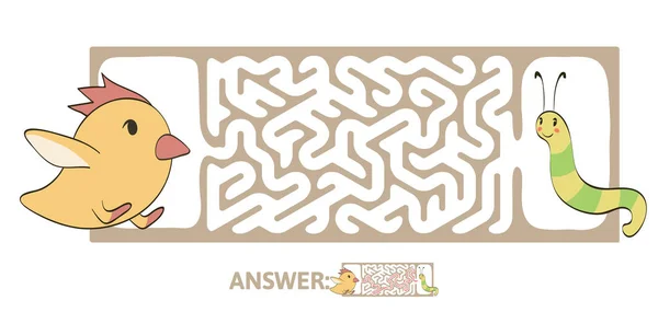 Laberinto de niños con pollo y gusano. Puzzle juego para niños, ilustración de laberinto vectorial . — Vector de stock
