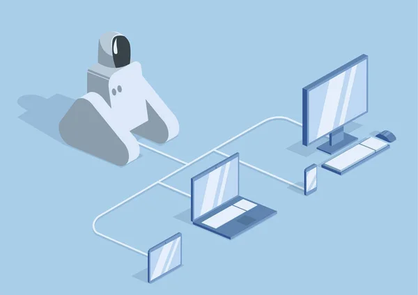 Un robot conectado por cables a un ordenador, portátil y dispositivos móviles. Robótica, programación y entrenamiento de robots. Ilustración vectorial, aislada en azul . — Archivo Imágenes Vectoriales