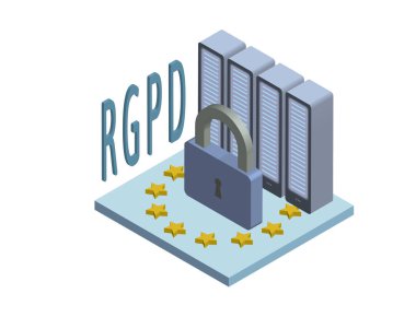 Gdpr, Regolamento generale Rgpd, İspanyolca ve İtalyanca Sürüm sürümünü sulla protezione dei dati. Kavram izometrik çizimde. Genel veri koruma Yönetmeliği. Vektör logosu, üzerinde beyaz izole.