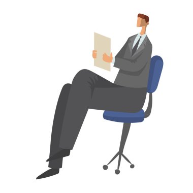 Kağıt belgeleri onun elinde olan bir sandalye üzerinde oturan işadamı. Beyaz arka plan üzerinde izole karakter vektör çizim.