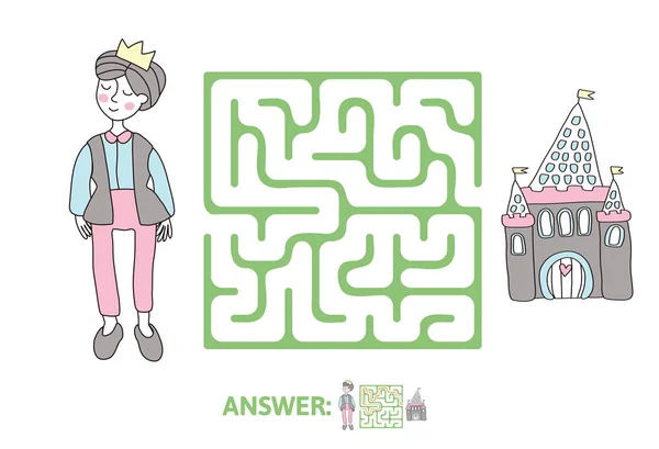 Детский лабиринт с Принцем и сказочным замком. Игра-головоломка для детей, векторная иллюстрация лабиринта . — стоковый вектор