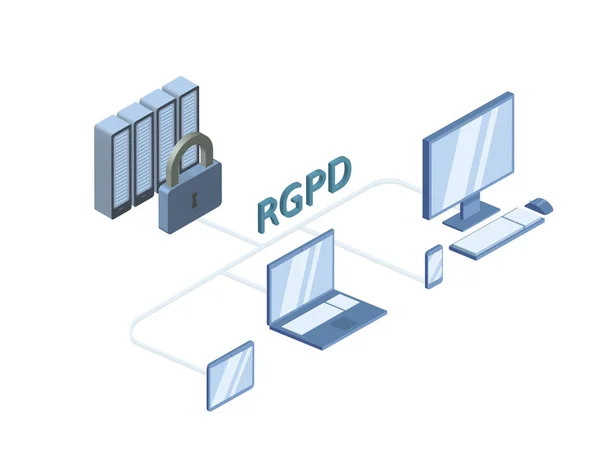 RGPD, versión española e italiana del RGPD, Regolamento generale sulla protezione dei dati. Ilustración isométrica vectorial conceptual, aislada en blanco. Reglamento general de protección de datos . — Vector de stock