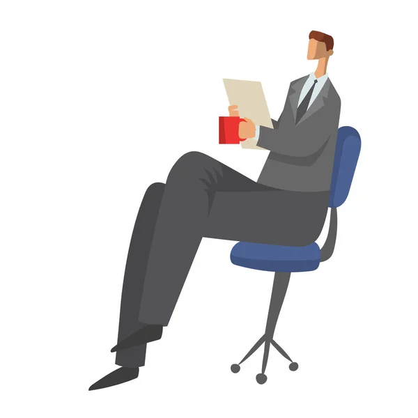 Бизнесмен сидит на стуле с бумажными документами в руках и пьет чай или кофе. Векторная иллюстрация символов изолирована на белом фоне . — стоковый вектор