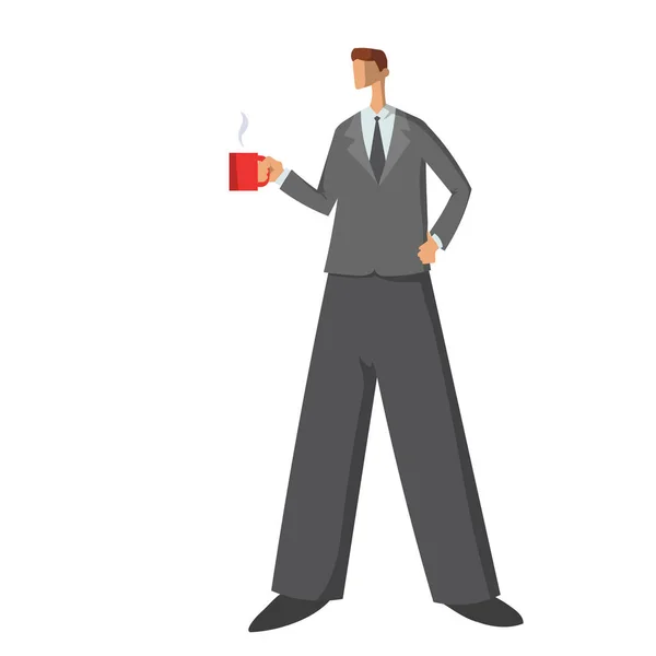 Biznesmen, człowiek w garniturze, stojąc przy filiżance kawy lub herbaty. Biznes charakter, ilustracji wektorowych, na białym tle. — Wektor stockowy