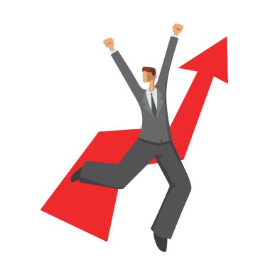 Yükselen grafiği arka plan üzerinde dans mutlu iş adamı. Beyaz arka plan üzerinde izole vektör çizim.