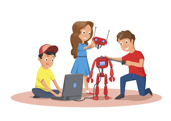 Anak-anak bahagia menciptakan dan memprogram robot. Klub robotika Childrens. Ilustrasi vektor kartun diisolasi pada latar belakang putih . - Stok Vektor