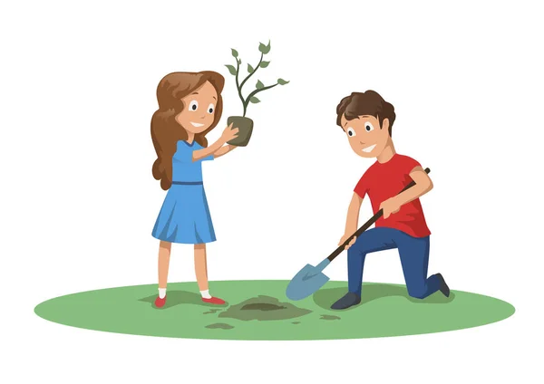 Mutlu çocuk bahçesinde veya parkta çalışma. Erkek ve kız bir ağaç dikelim. Beyaz arka plan üzerinde izole karikatür vektör çizim. — Stok Vektör